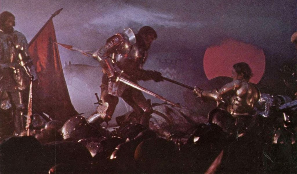 King Arthur's bastard son Mordred pierces his chest with a lance.