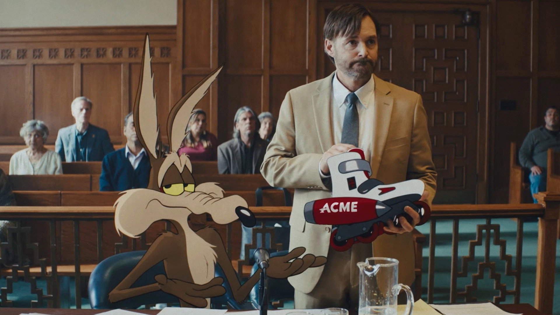 Will Forte and Wile E. Coyote introduce a faulty ACME rocket skate as evidence in Coyote vs. ACME