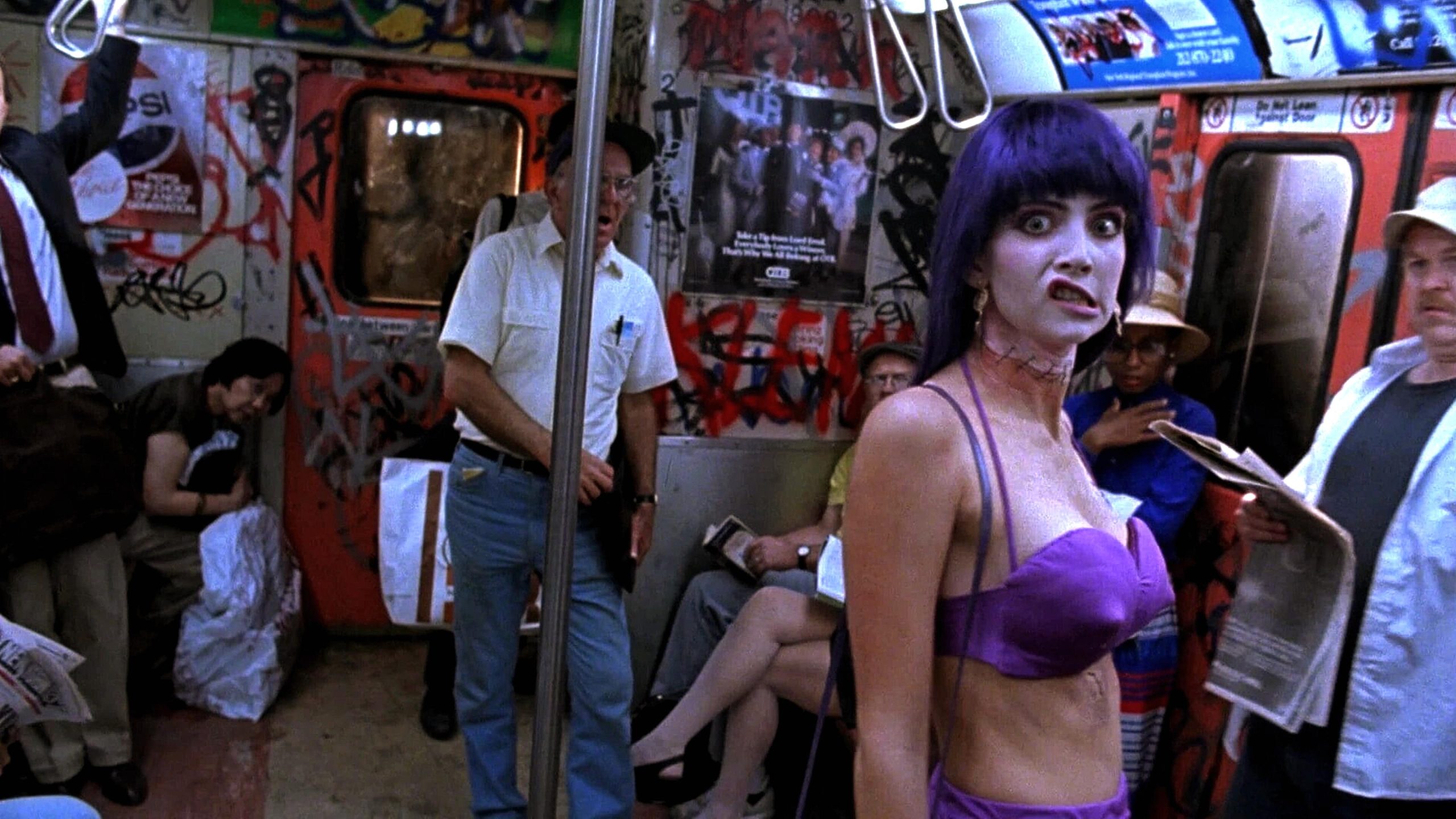 Frankenhooker rides the subway. The people of New York City look at her somewhat horrified, as if they wouldn't just ignore her.